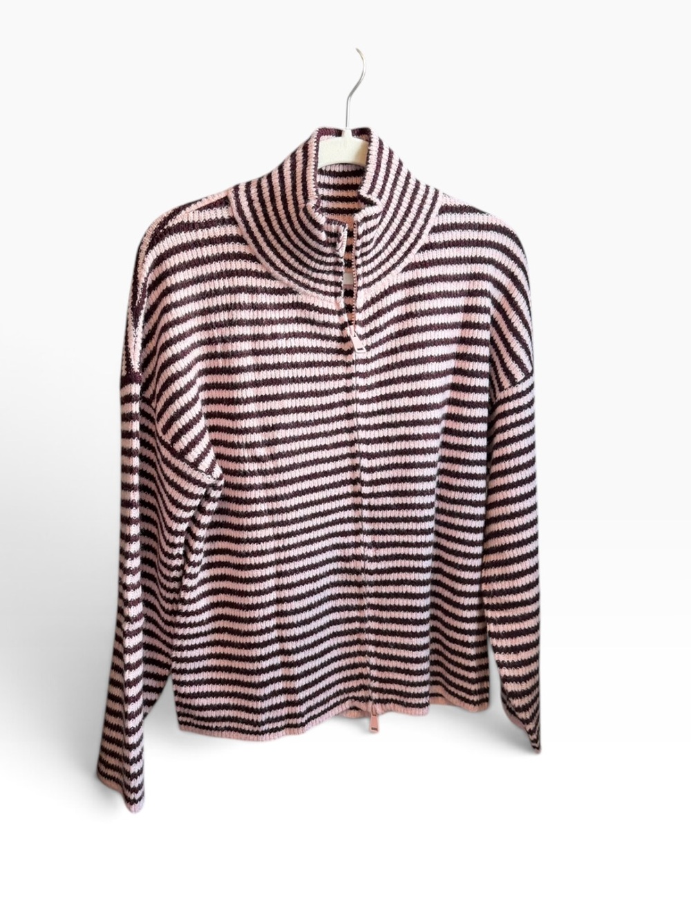 Women's Pink & Black Striped Zip-Up Turtleneck Sweater